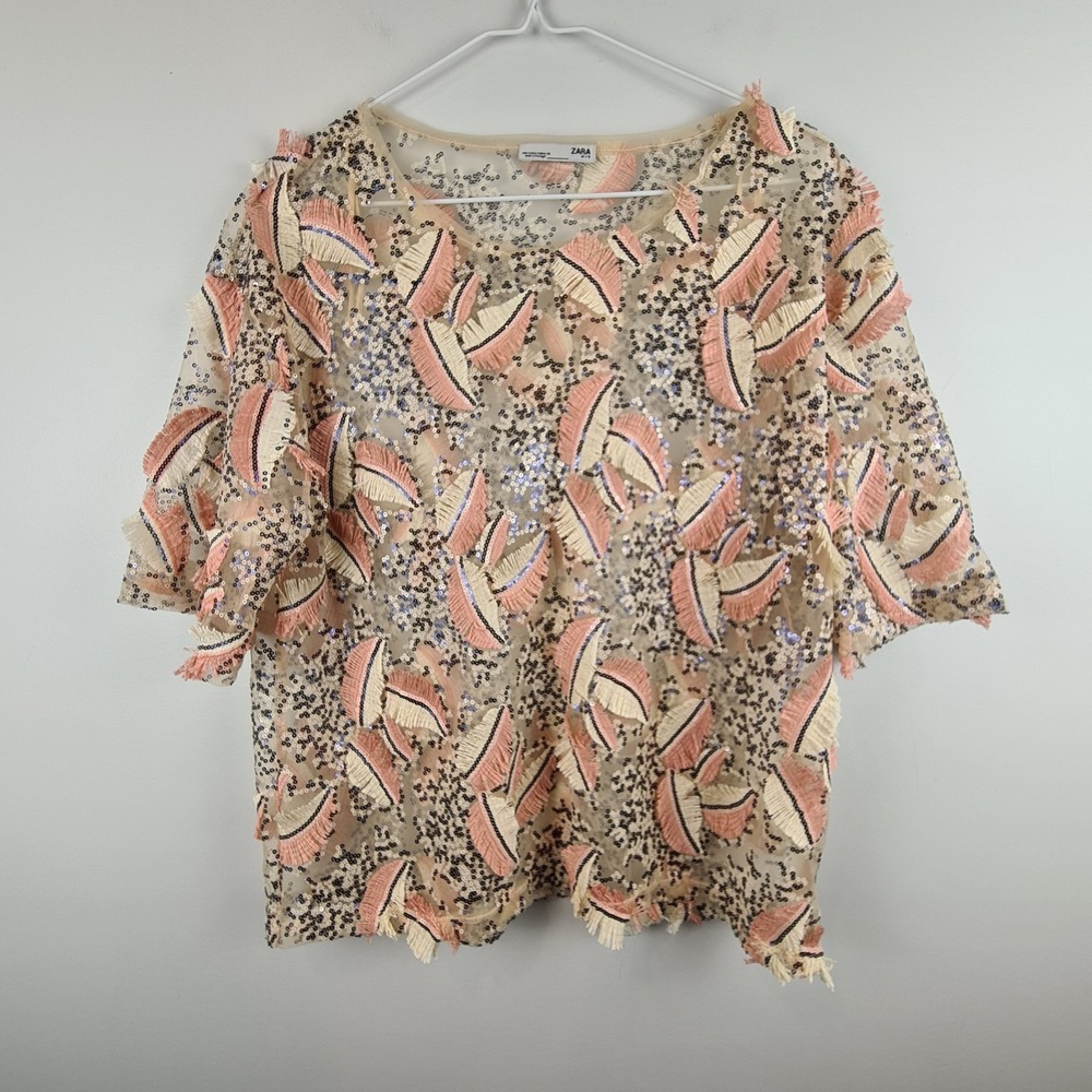 Zara Women's Leaf Top Pink Cream Fringe Sequin‎ Sheer Party Blouse S Embroidered
